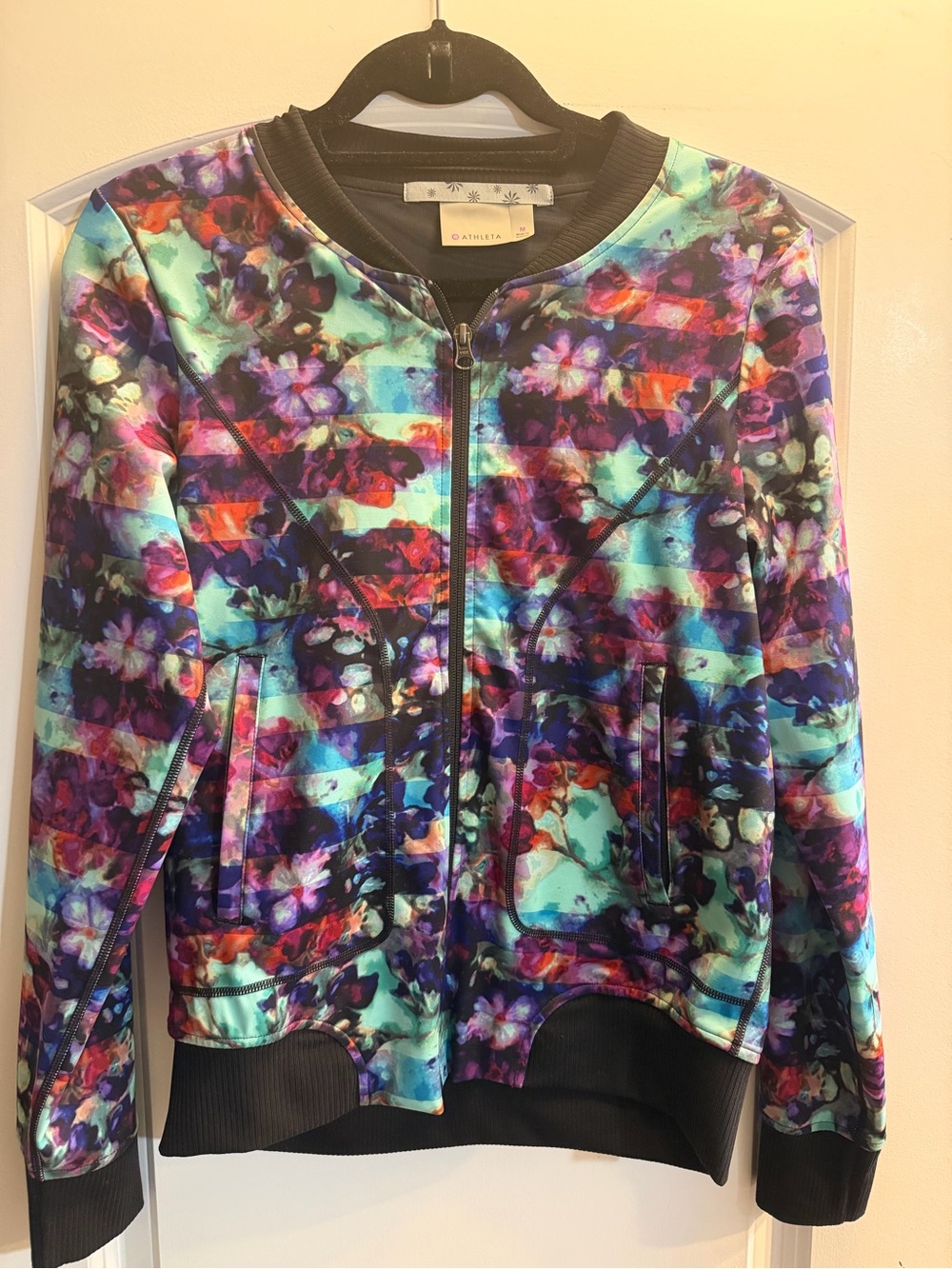 Athleta Floral Zip Bomber Jacket in Aqua, Purple & Pink